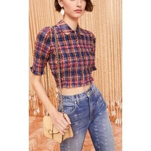 Ulla Johnson Jules Smocked Plaid Top Lapis Cotton Silk 8